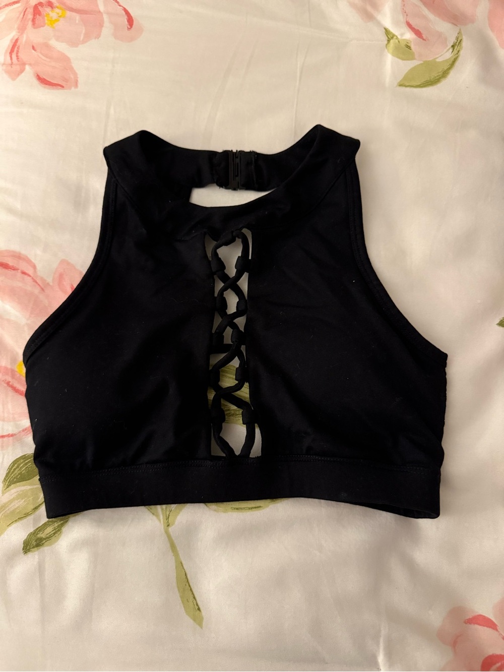 Black Lace-Up High Neck sports bra